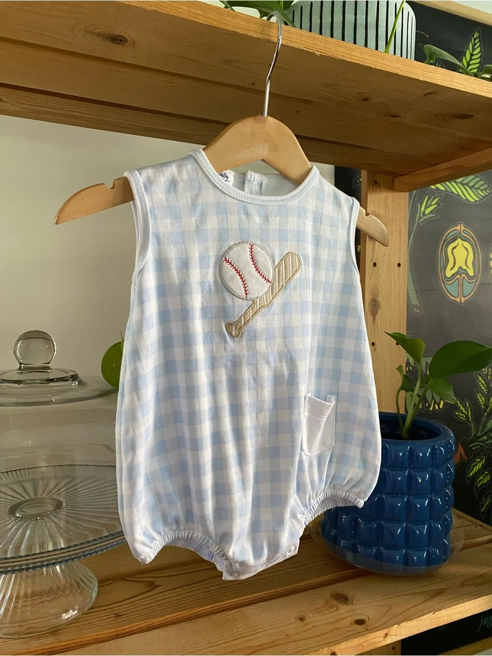 Magnolia Baby Blue Gingham Baseball Appliqué Bubble Romper 6 months